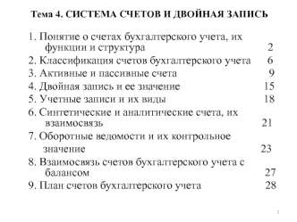 1. Понятие о счетах бухгалтерского учета, их функции и структура                                            2
2. Классификация счетов бухгалтерского учета      6
3. Активные и пассивные счета                                 9
4. Двойная запись и ее значен