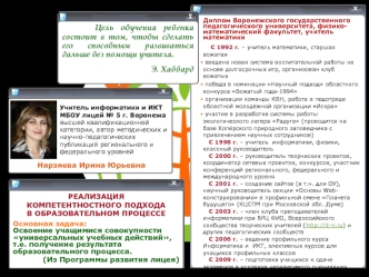 Диплом Воронежского государственного педагогического университета, физико- математический факультет, учитель математики С 1992 г. – учитель математики,