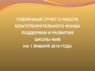 ПУБЛИЧНЫЙ ОТЧЕТ О РАБОТЕ 
БЛАГОТВОРИТЕЛЬНОГО ФОНДА
ПОДДЕРЖКИ И РАЗВИТИЯ 
ШКОЛЫ №98
НА 1 ЯНВАРЯ 2010 ГОДА