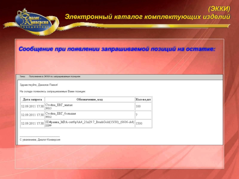 Программа комплектующие изделия. Электронная информация на изделии. Запрашиваемой позиции в наличии. Экки каталог диалог-конверсия.