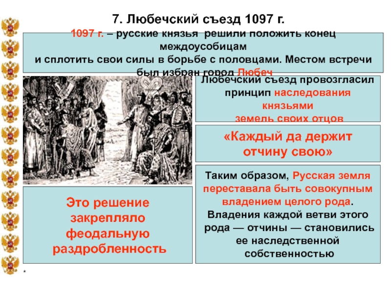 Съезды русских князей. Любечский съезд князей 1097. Съезд русских князей в 1097. Усобица после Любечского съезда. Следствие Любечского съезда.