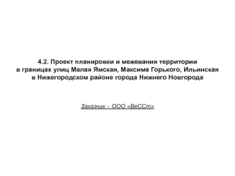 4.2. Проект планировки и межевания территории 
в границах улиц Малая Ямская, Максима Горького, Ильинская
в Нижегородском районе города Нижнего Новгорода



Заказчик – ООО ВеССт