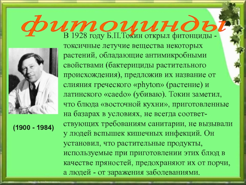 (1900 - 1984) В 1928 году Б.П.Токин открыл фитонциды - токсичные летучие