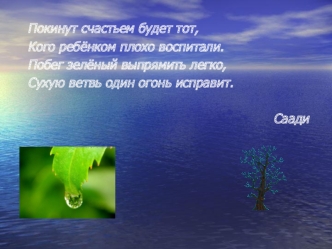 Покинут счастьем будет тот,
  Кого ребёнком плохо воспитали.
  Побег зелёный выпрямить легко,
  Сухую ветвь один огонь исправит.
                                                
                                                               Саади