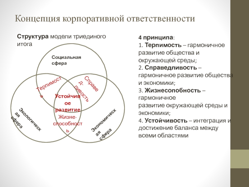 Концепция корпоративной ответственности Структура модели триединого итога    Социальная сфера Экономическая сфера Экологическая сфера Терпимость