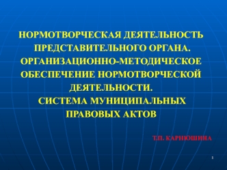 НОРМОТВОРЧЕСКАЯ ДЕЯТЕЛЬНОСТЬ
 ПРЕДСТАВИТЕЛЬНОГО ОРГАНА. 
ОРГАНИЗАЦИОННО-МЕТОДИЧЕСКОЕ 
ОБЕСПЕЧЕНИЕ НОРМОТВОРЧЕСКОЙ 
ДЕЯТЕЛЬНОСТИ.
 СИСТЕМА МУНИЦИПАЛЬНЫХ 
ПРАВОВЫХ АКТОВ

Т.П. КАРНЮШИНА