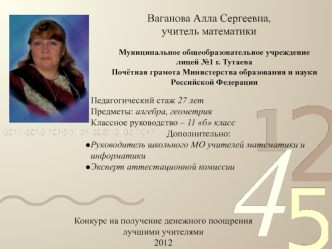 Ваганова Алла Сергеевна,учитель математики