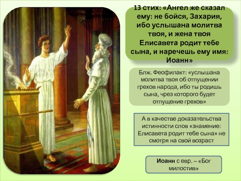 13 стих: «Ангел же сказал ему: не бойся, Захария, ибо услышана