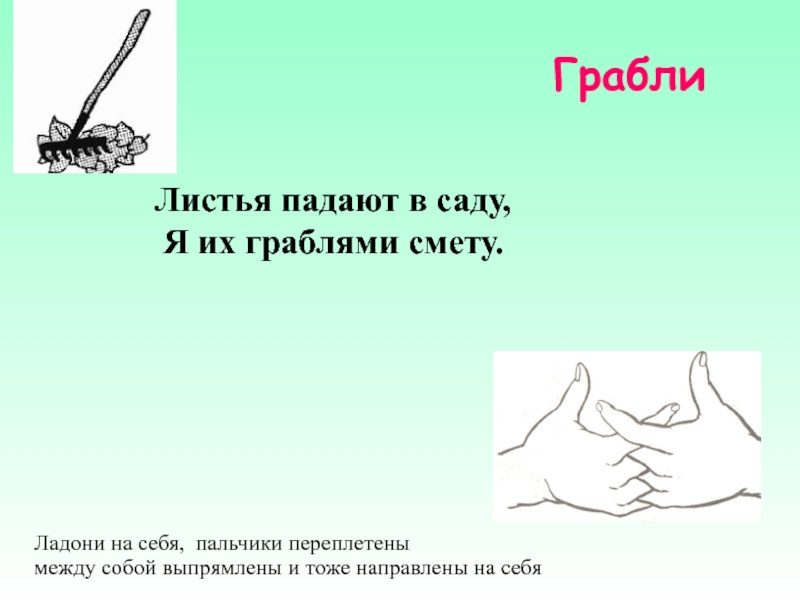 ГраблиЛистья падают в саду, Я их граблями смету.Ладони на себя, пальчики переплетены между собой выпрямлены