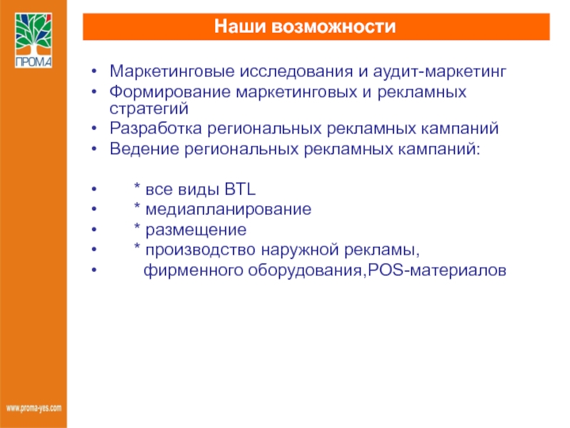 Маркетинговые возможности. Наши возможности. Аудит и сопровождение рекламной кампании.