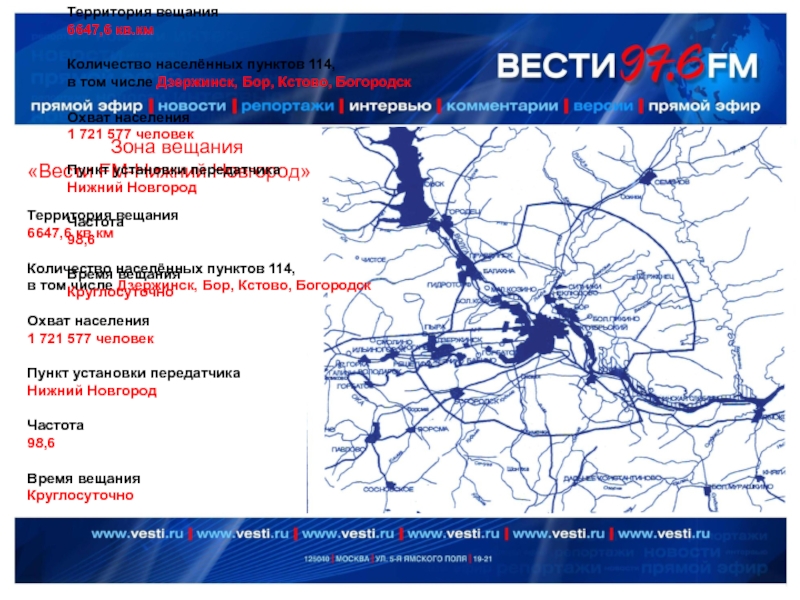 Зона вещания«Вести FM-Нижний Новгород»Территория вещания6647,6 кв.кмКоличество населённых пунктов 114, в том
