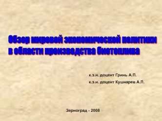 Обзор мировой экономической политики 
в области производства биотоплива