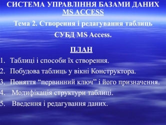 СИСТЕМА УПРАВЛІННЯ БАЗАМИ ДАНИХ MS ACCESS
Тема 2. Створення і редагування таблиць 
СУБД MS Access.