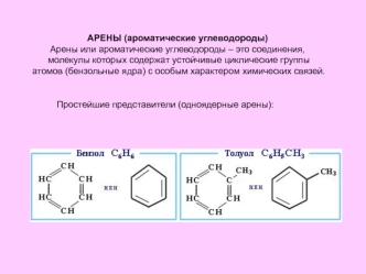 АРЕНЫ (ароматические углеводороды)
Арены или ароматические углеводороды – это соединения,
 молекулы которых содержат устойчивые циклические группы
 атомов (бензольные ядра) с особым характером химических связей.