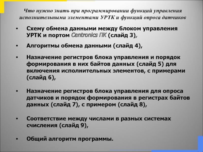 Соответствующее представление. Алгоритмы для обмена данными. Какова схема диалога с блоком управления УРТК.