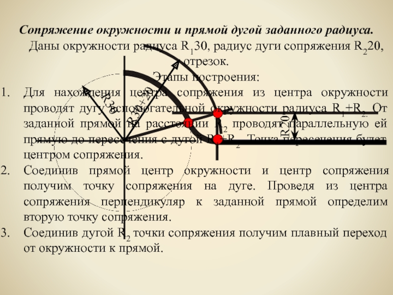 Радиус дуги окружности. Окружности и прямой дугой заданного радиуса. Сопряжение дуги и прямой дугой окружности заданного радиуса. Внешнее сопряжение дуги и прямой дугой заданного радиуса.. Нахождение центра и радиуса дуги сопряжения.