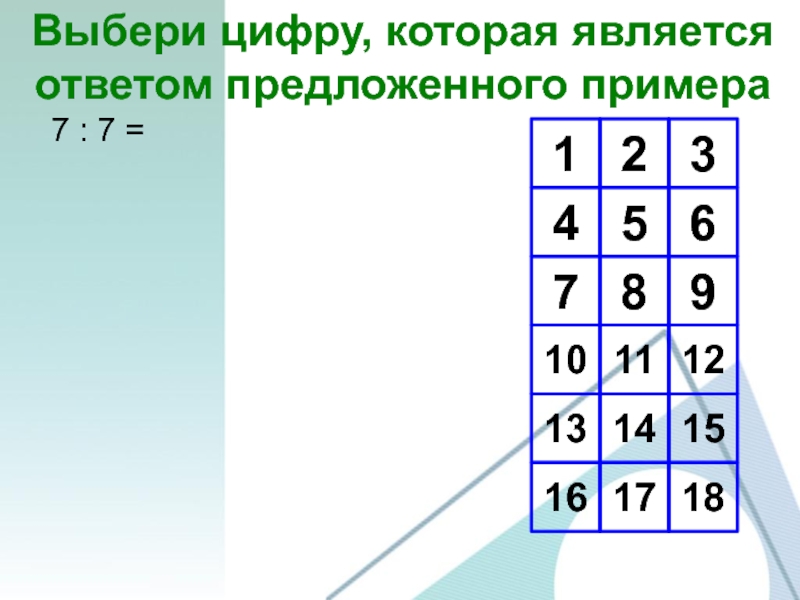 Выбери цифру, которая является ответом предложенного примера1234567891013161112141517187 : 7 =