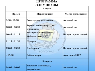 ПРОГРАММА ОЛИМПИАДЫ
 
