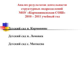 Анализ результатов деятельностиструктурных подразделений МОУ Кормовищенская СОШ 2010 – 2011 учебный год