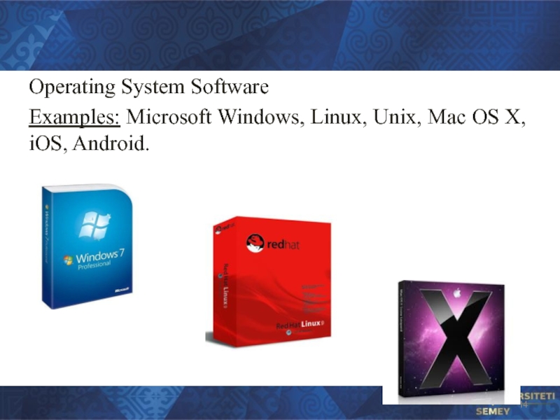 Operating System Software Examples: Microsoft Windows, Linux, Unix, Mac OS X, iOS, Android.