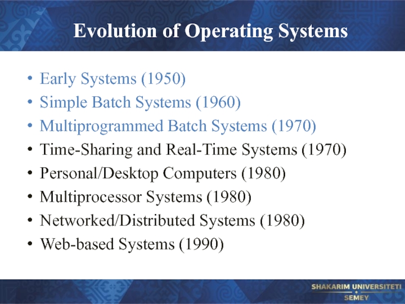 Evolution of Operating Systems Early Systems (1950) Simple Batch Systems (1960) Multiprogrammed