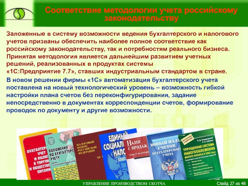 Соответствие методологии учета российскому законодательству Заложенные в систему возможности ведения бухгалтерского и