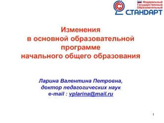 11 Изменения в основной образовательной программе начального общего образования Ларина Валентина Петровна, доктор педагогических наук e-mail : vplarina@mail.ru.