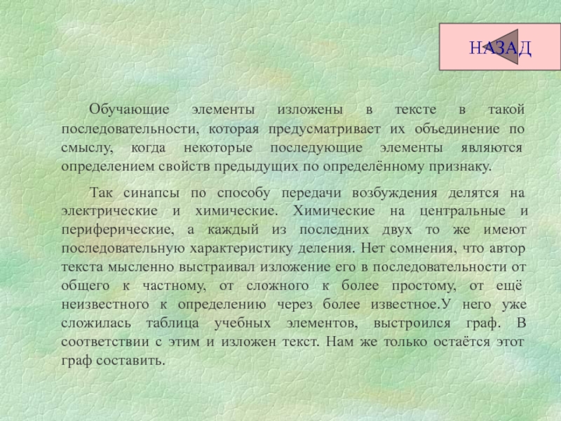 НАЗАД 	Обучающие элементы изложены в тексте в такой последовательности, которая предусматривает их