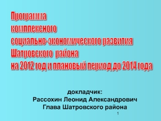 Программа
комплексного 
социально-экономического развития 
Шатровского  района 
на 2012 год и плановый период до 2014 года