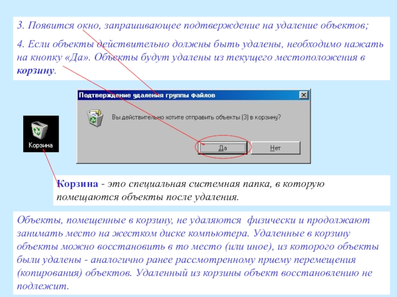 Удаление объектов. Способы копирования перемещения удаления объектов. Подтверждение удаления. Удаление объектов с компьютера. Способы удаления объектов в корзину.