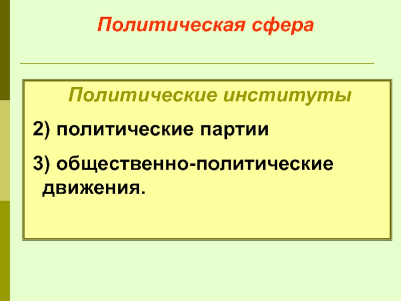 Политическая сфера  Политические институты  2) политические партии  3) общественно-политические движения.