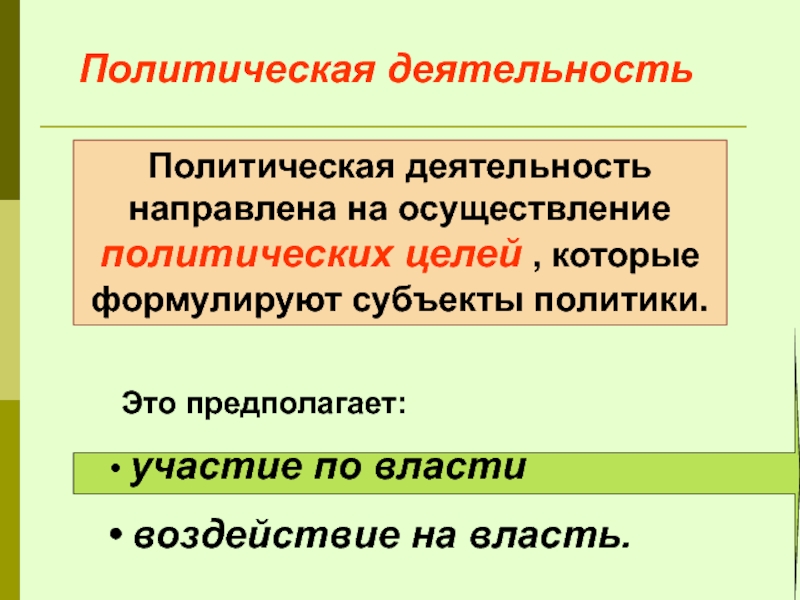 Политическая деятельность направлена на осуществление политических целей , которые формулируют субъекты политики. Политическая деятельность  Это предполагает: