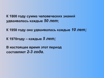 К 1800 году сумма человеческих знаний удваивалась каждые 50 лет;К 1950 году она удваивалась каждые 10 лет;К 1970году – каждые 5 лет;В настоящее время этот период составляет 2-3 года.