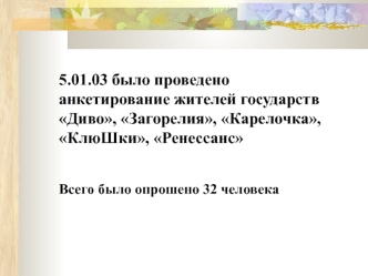 5.01.03 было проведено анкетирование жителей государств Диво, Загорелия, Карелочка, КлюШки, Ренессанс
