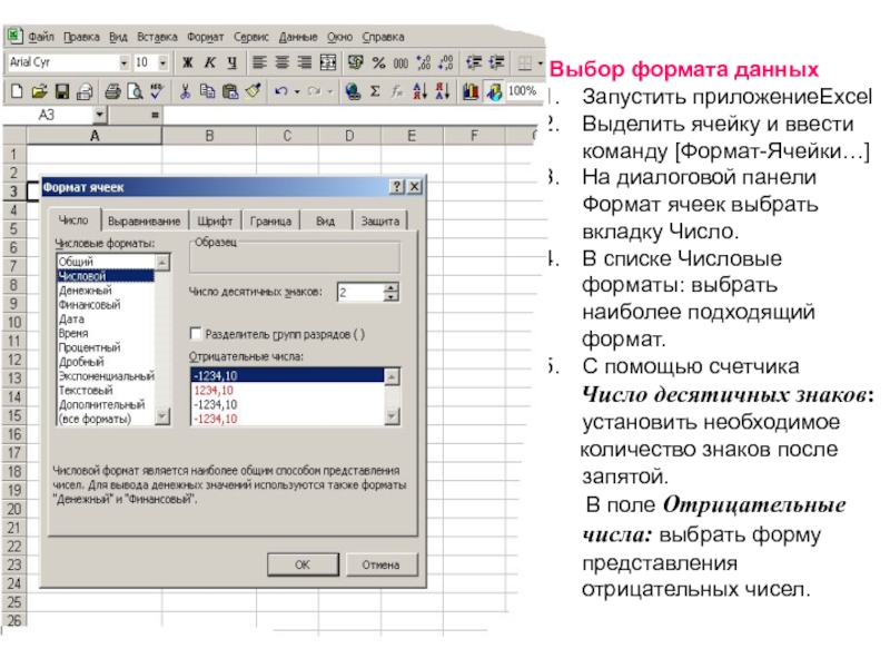 Выбор ячеек. Числовой Формат данных. Формат/ячейки/вкладка число//Формат. Задать команду Формат ячеек. Форматы представления числовых данных ячейках.