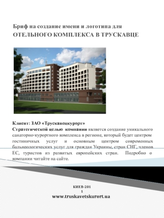  
Бриф на создание имени и логотипа для
ОТЕЛЬНОГО КОМПЛЕКСА В ТРУСКАВЦЕ