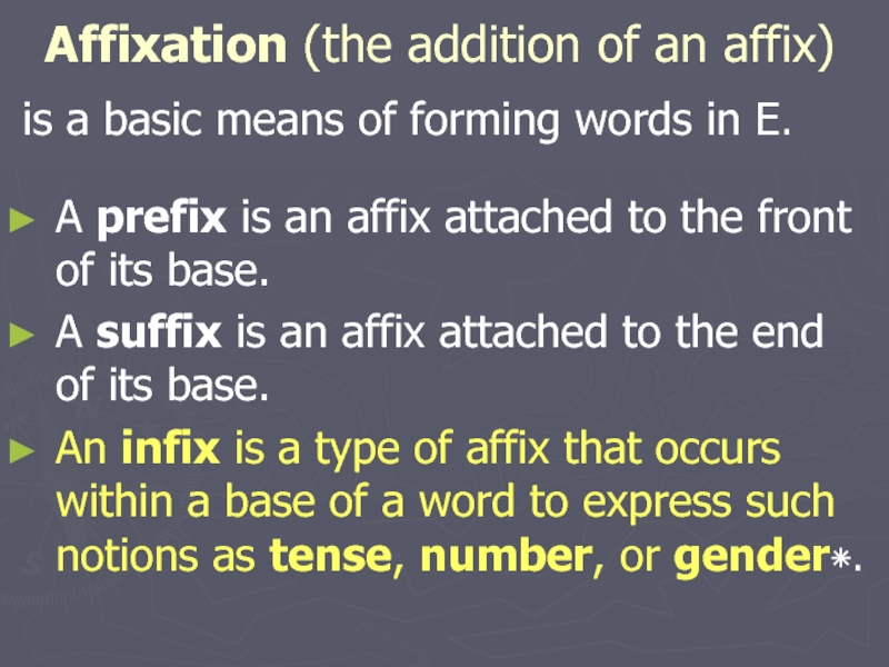 Affixation (the addition of an affix) is a basic means of