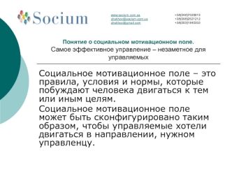 Социальное мотивационное поле – это правила, условия и нормы, которые побуждают человека двигаться к тем или иным целям.
Социальное мотивационное поле может быть сконфигурировано таким образом, чтобы управляемые хотели двигаться в направлении, нужном упра