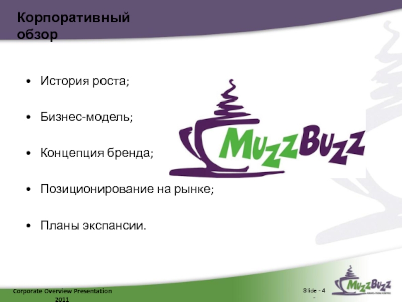 Corporate Overview Presentation 2011Slide - 4 -Корпоративный обзорИстория роста;Бизнес-модель;Концепция бренда;Позиционирование на рынке;Планы экспансии.
