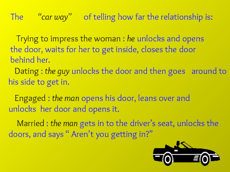 The "car way" of telling how far the relationship is: Dating