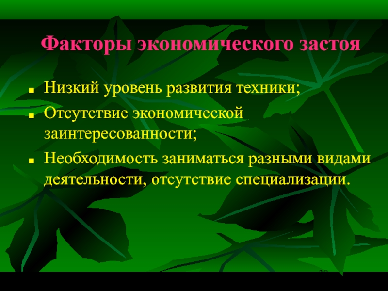 Отсутствие экономики. Низкий уровень развития. Уровень развития техники и технологии. Факторы педагогический застой. Отсутствие специализации.