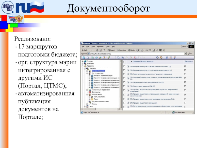 ФЦП «Электронная Россия (2002 -2010 гг.)».ДокументооборотРеализовано:17 маршрутов подготовки бюджета;орг. структура мэрии интегрированная с другими ИС