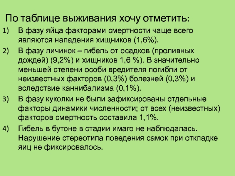 По таблице выживания хочу отметить:В фазу яйца факторами смертности чаще всего являются нападения хищников (1,6%).
