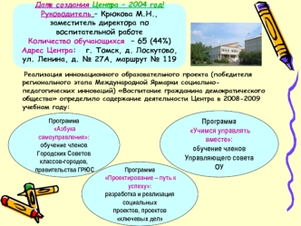 Дата создания Центра – 2004 год!Руководитель – Крюкова М.Н., заместитель директора по воспитательной работеКоличество обучающихся  – 65 (44%)Адрес Центра:   г. Томск, д. Лоскутово, ул. Ленина, д. № 27А, маршрут № 119