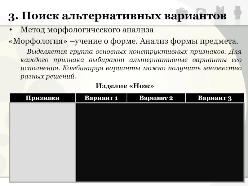 Формы анализа. Методика «анализ образца». Недостатки метода морфологического анализа. Морфологический анализ достоинства и недостатки метода. Поиск альтернативных вариантов.