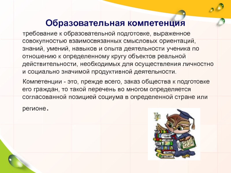 Ориентация на знания. Требования к компетенциям. Компетенция это норма к образовательной подготовке.