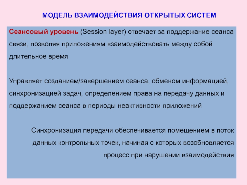 Сеансовый уровень (Session layer) отвечает за поддержание сеанса связи, позволяя приложениям взаимодействовать между собой длительное