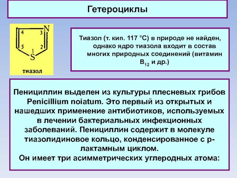 ГетероциклыТиазол (т. кип. 117 °C) в природе не найден, однако ядро