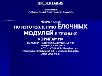ПРЕЗЕНТАЦИЯ Номинация: > Мастер - класс ПО ИЗГОТОВЛЕНИЮ ЁЛОЧНЫХ МОДУЛЕЙ В ТЕХНИКЕ ОРИГАМИ Выполнил: Пьянников Дмитрий, 15 лет учащийся 9 б класса МОУ.