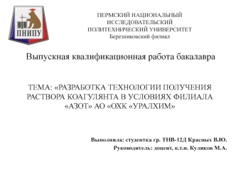 Разработка технологии получения раствора коагулянта в условиях филиала Азот АО ОХК УРАЛХИМ